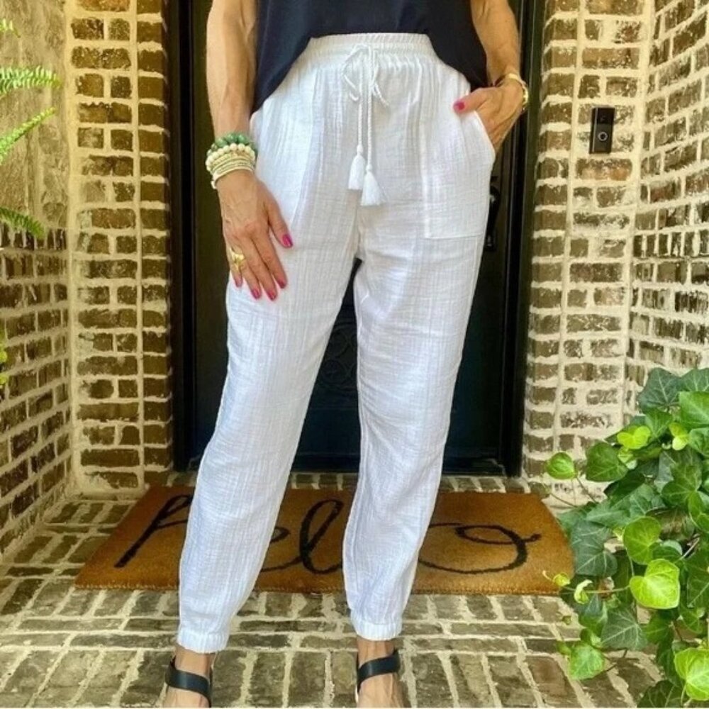 CABI Getaway Jogger Gauze Drawstring Pants White Sz M #6188 NWOT
